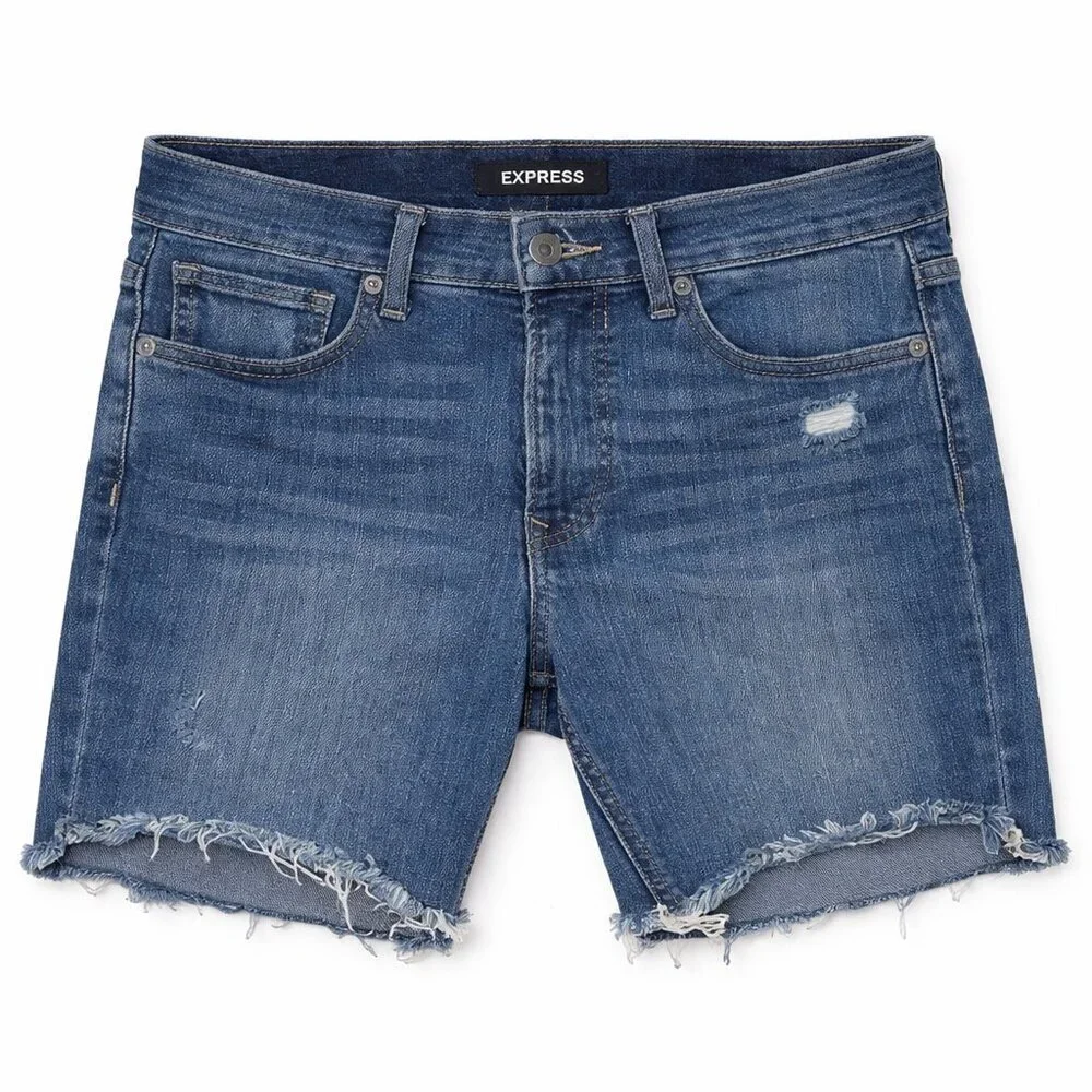 Express Denim Perfect Bermuda Shorts Size 6 – High Rise Distressed Raw Hem